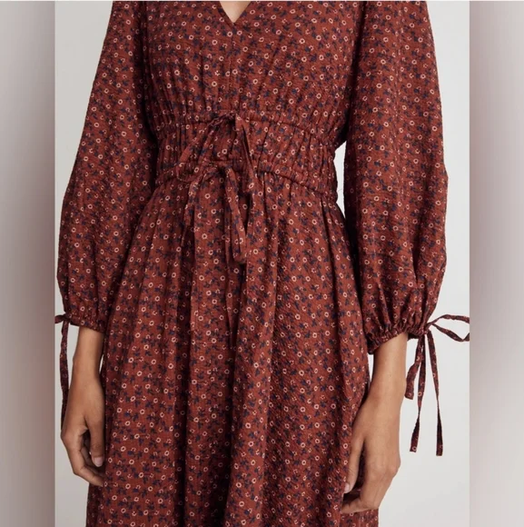 MADEWELL Cottagecore maroon floral midi dress w bows - Picture 4 of 10
